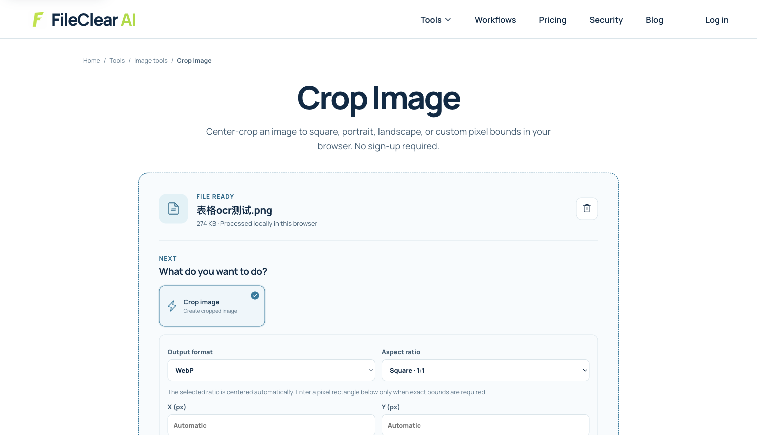 FileClear AI Crop Image screen with a real wide PNG, aspect-ratio preset, and pixel-bound controls