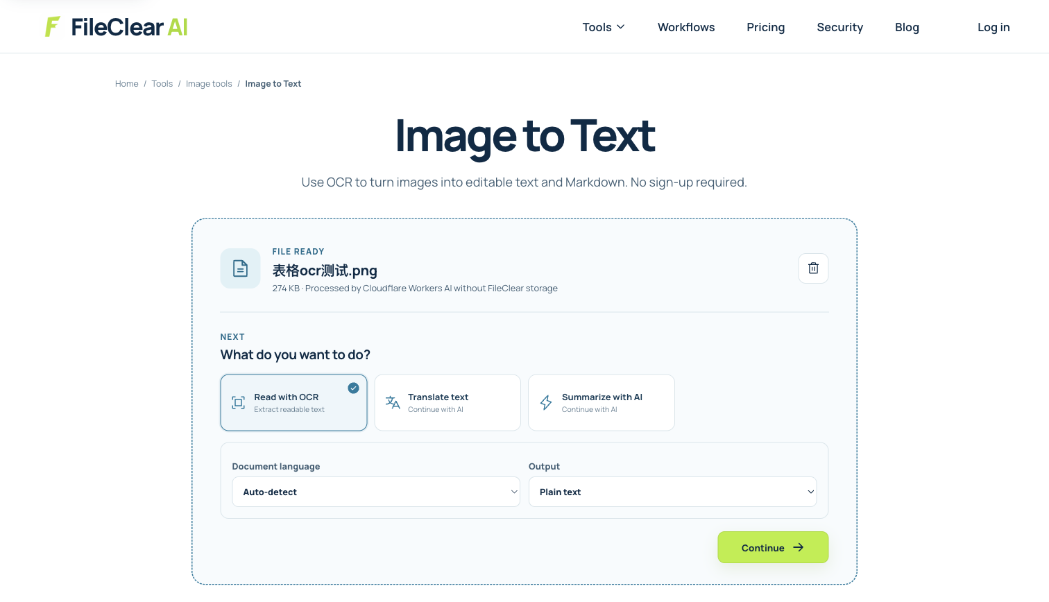 FileClear AI image OCR settings with a real 2688 by 1160 table screenshot