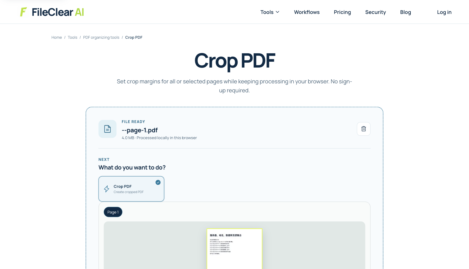 FileClear AI Crop PDF settings used with a real A4 PDF