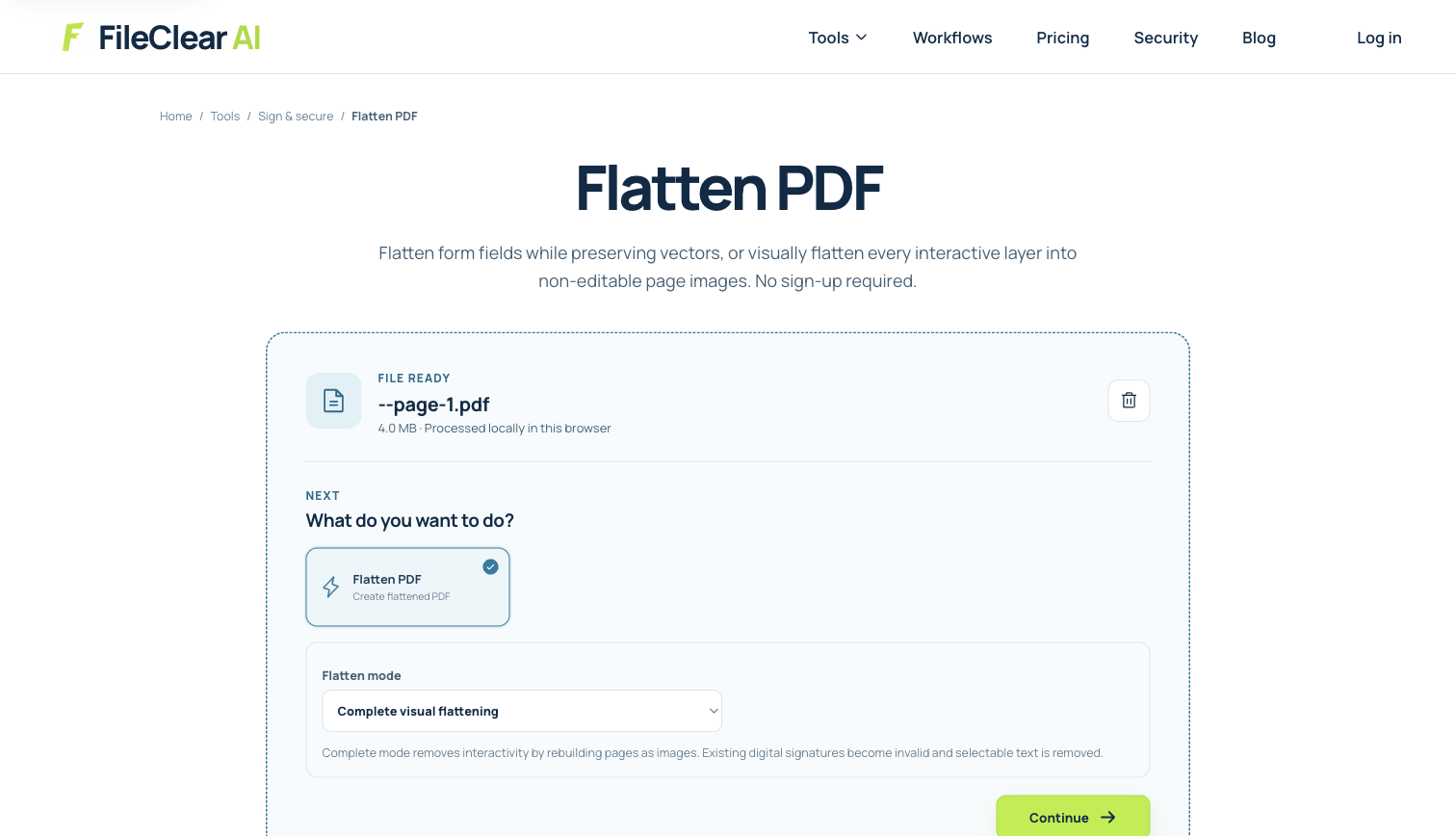 FileClear AI Flatten PDF settings showing complete visual flattening for a real PDF