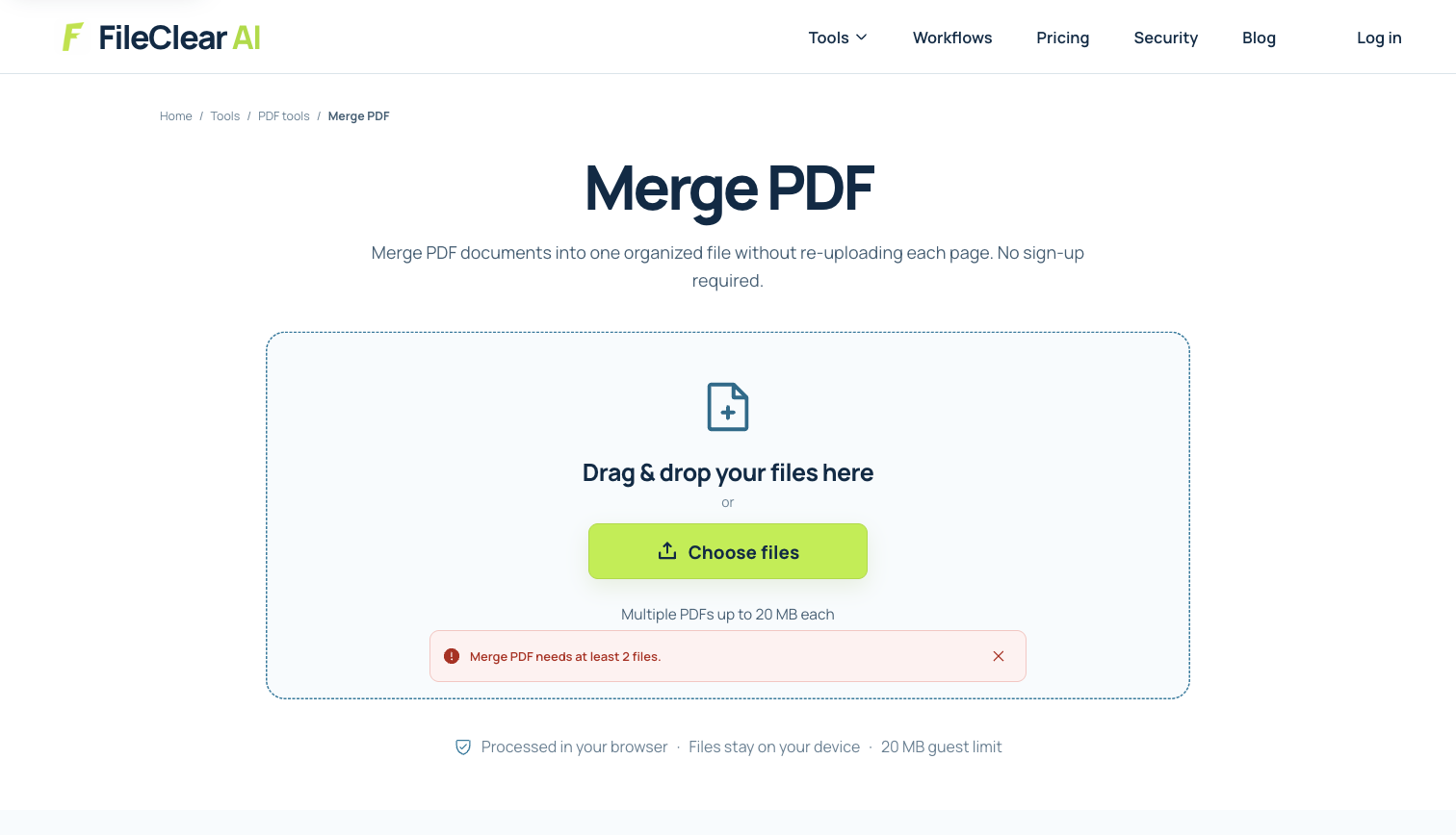 Visual PDF page workspace used to review page order before export