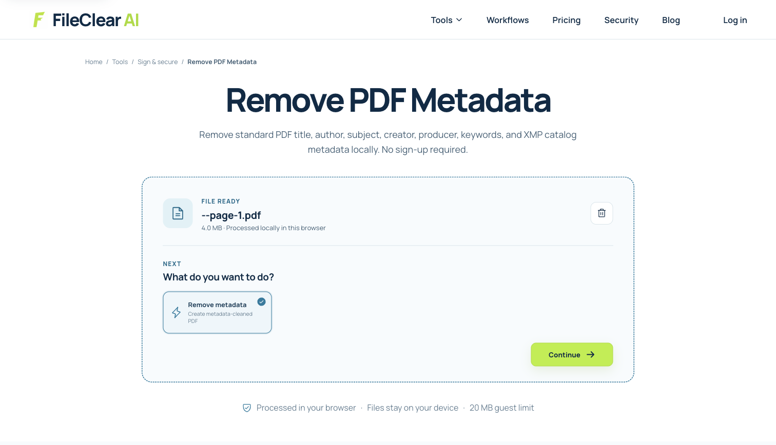 FileClear AI Remove PDF Metadata settings with a real one-page A4 PDF ready for review