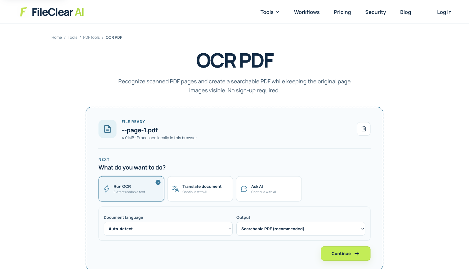 FileClear AI OCR PDF settings opened with the real one-page A4 case PDF