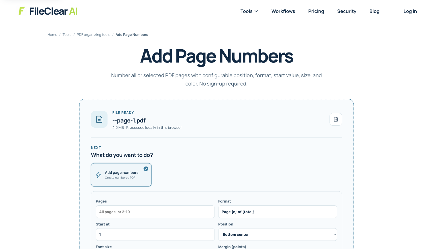 FileClear AI page-number settings for skipping a PDF cover page