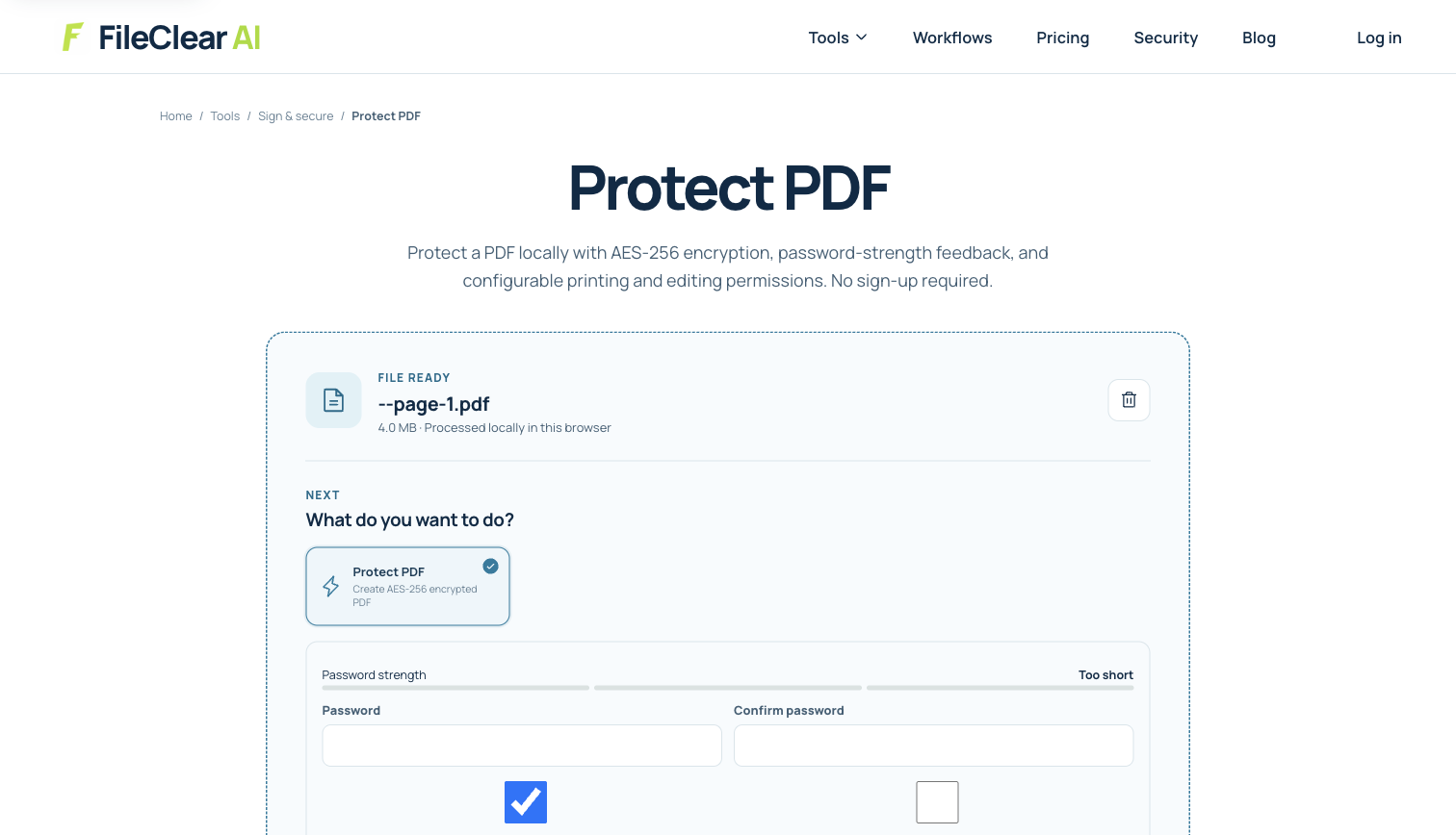 FileClear AI Protect PDF screen with encryption and permission settings