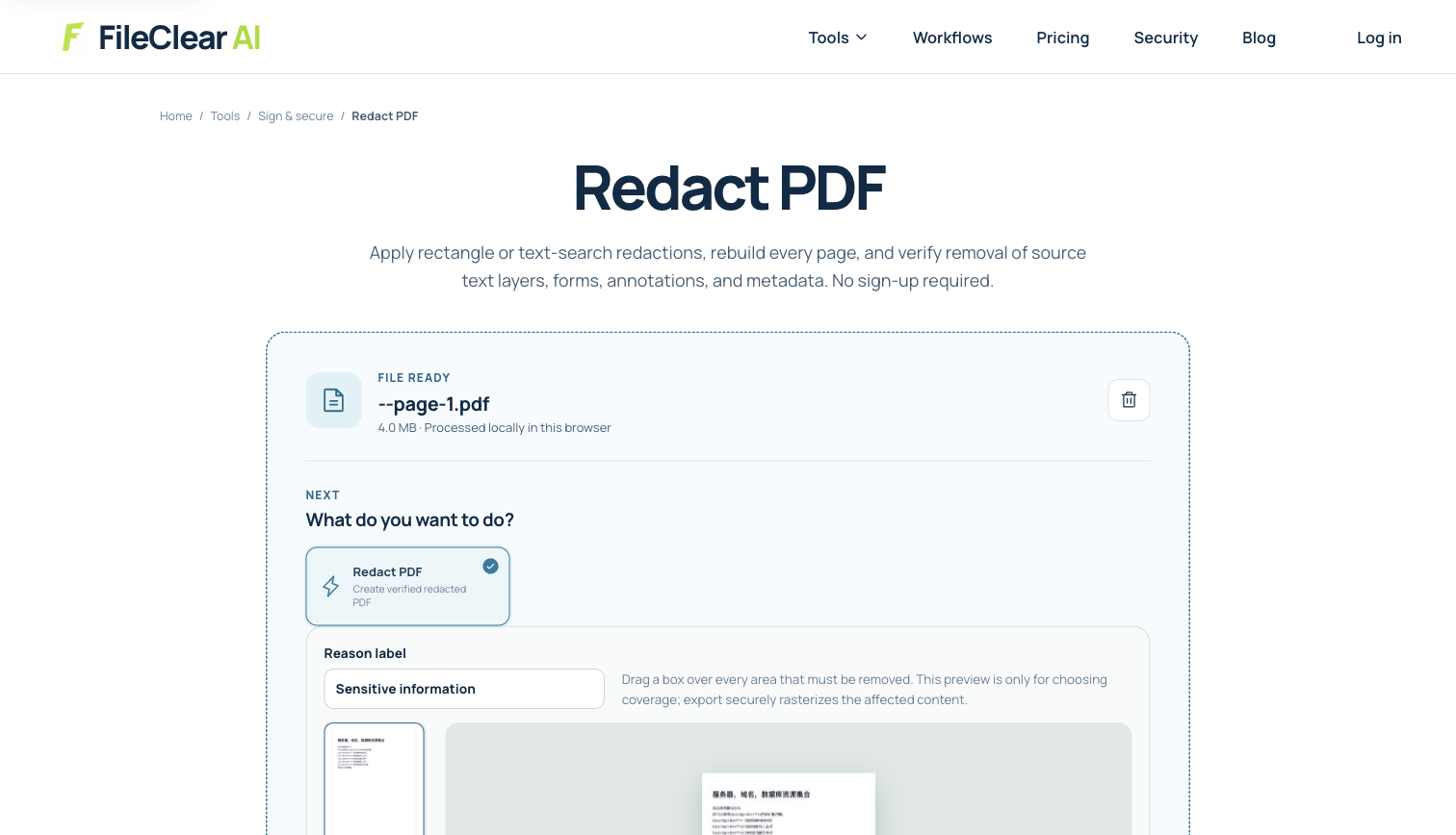 FileClear AI redaction settings applied to a real one-page PDF case file