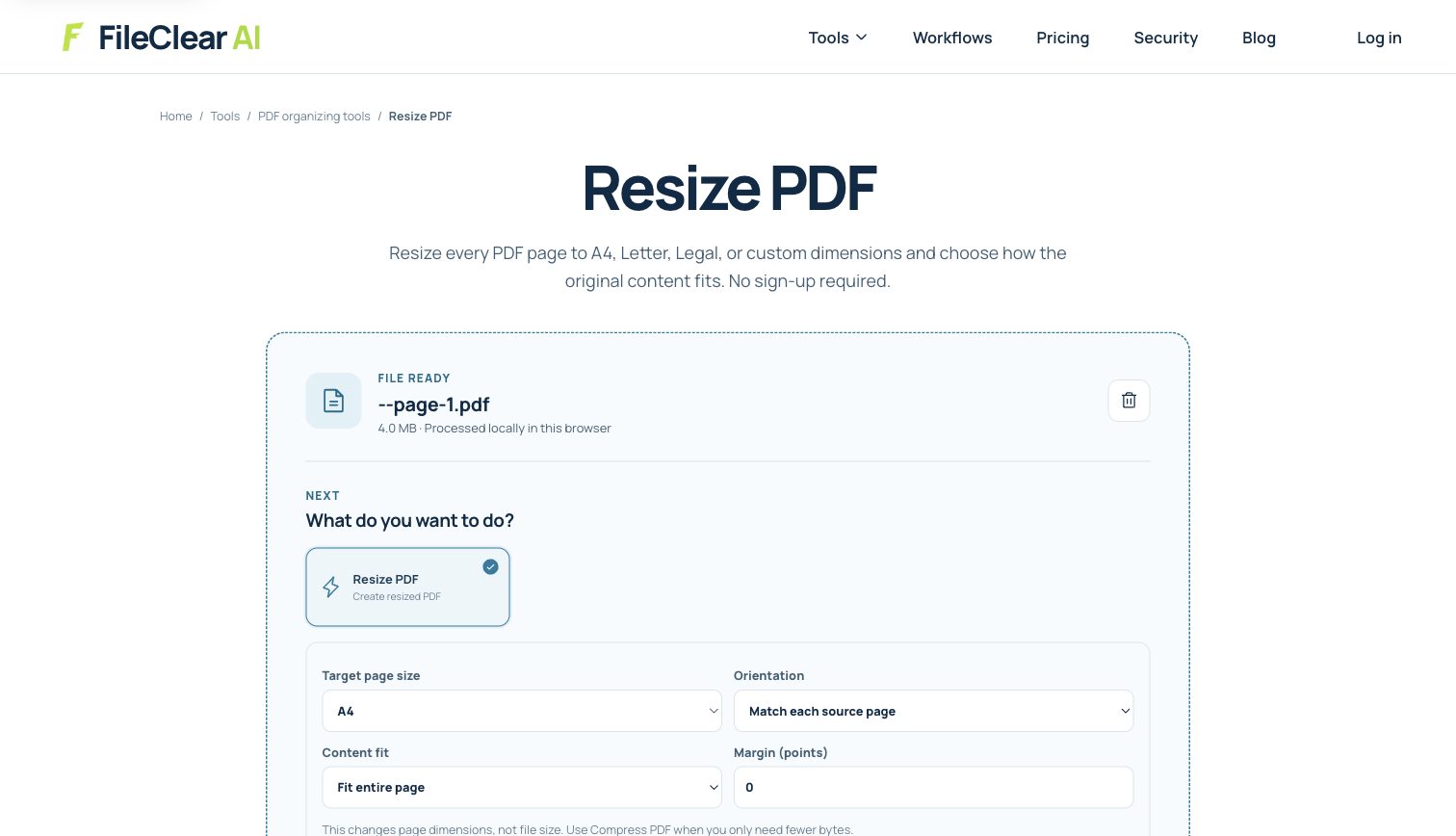 FileClear AI Resize PDF settings with a real one-page A4 PDF ready for page-size standardization
