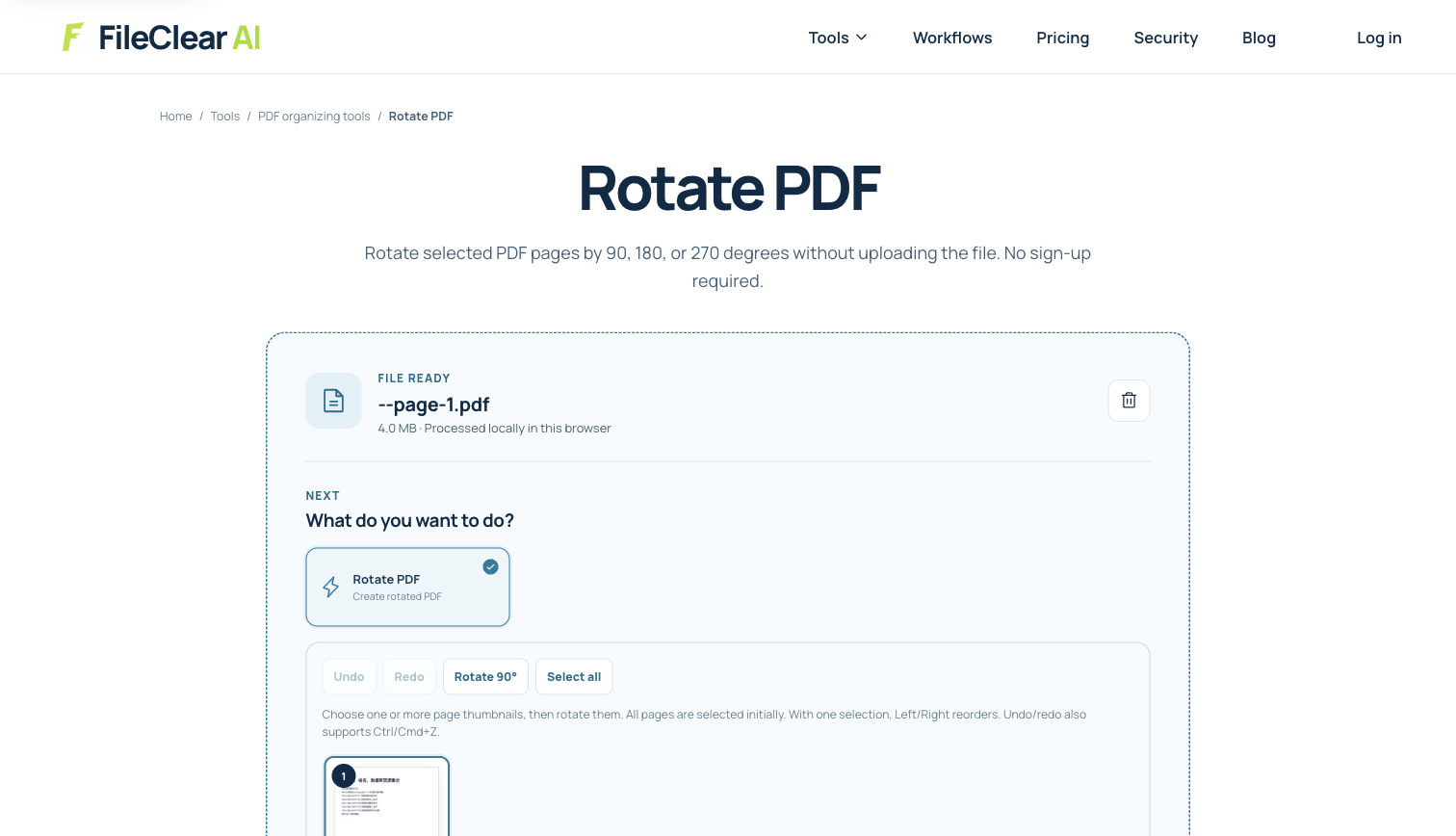 FileClear AI Rotate PDF settings with a real one-page A4 case file