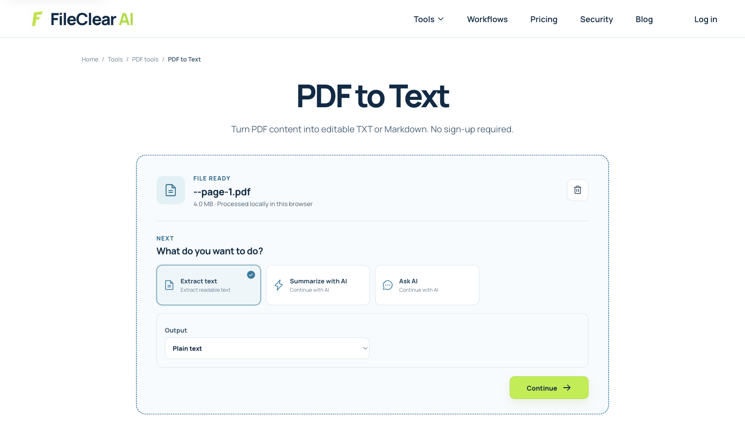 FileClear AI PDF to Text settings opened with the real one-page A4 case PDF