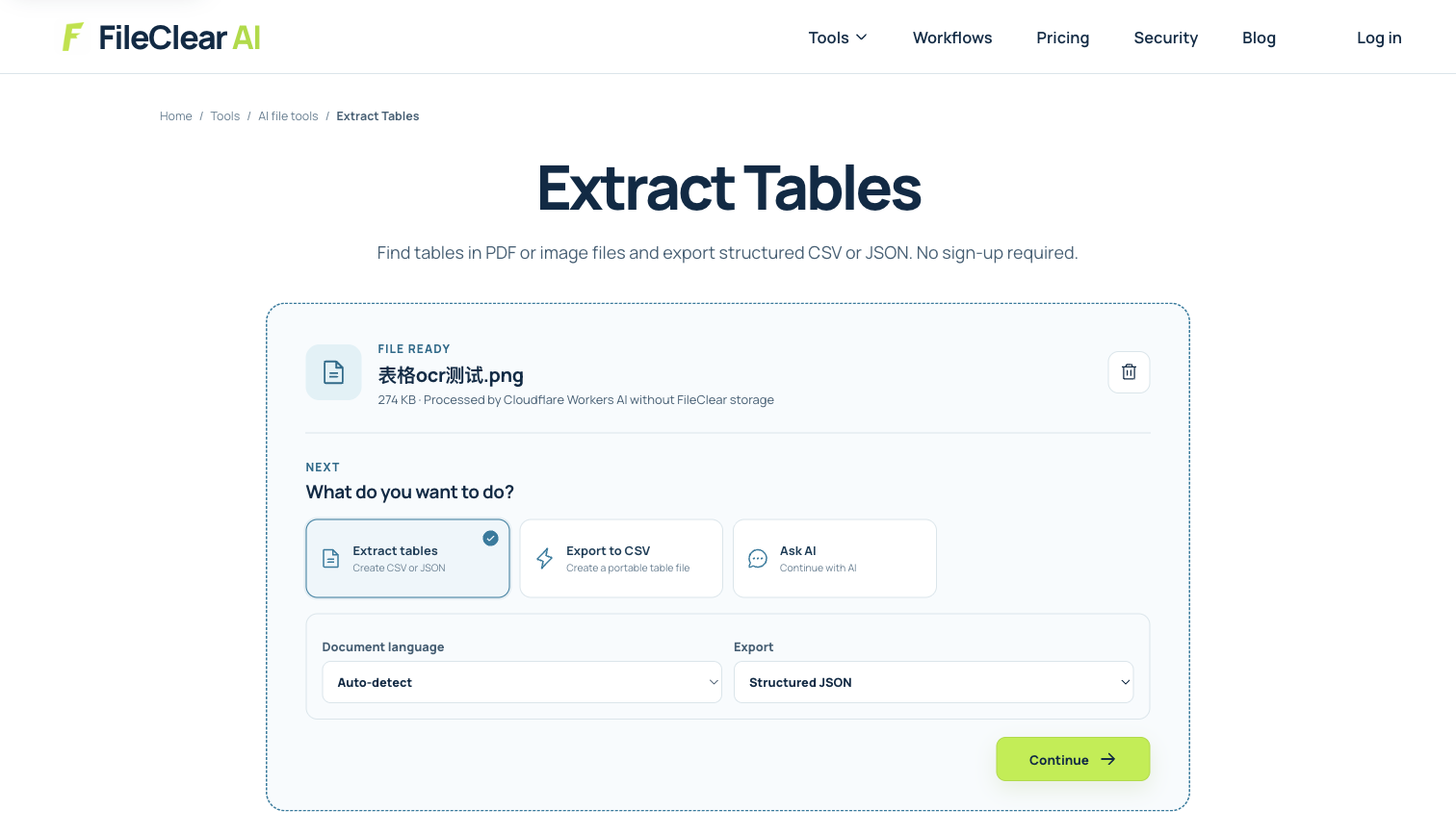 Table extraction settings for converting a real document table into structured data